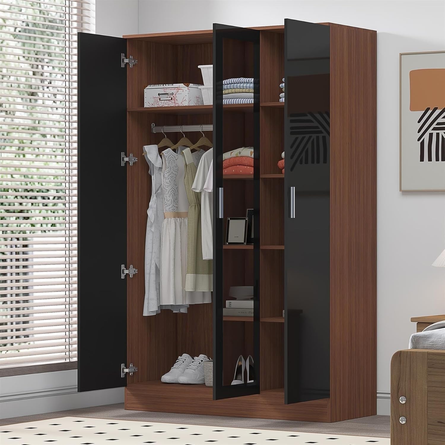 3 Door Mirrored Wardrobe Black Gloss & Walnut with Shelves & Hanging Rail