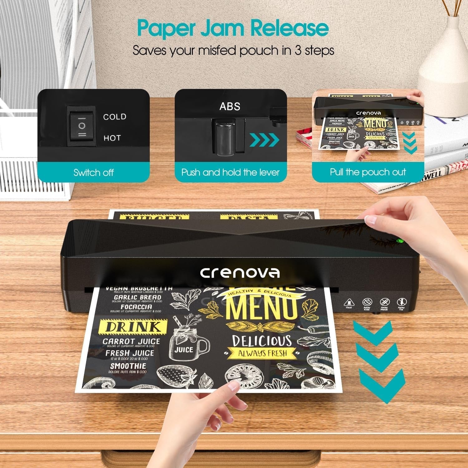 A4 Laminator Machine Hot Cold Fast Warm Up Anti Jam + Pouches