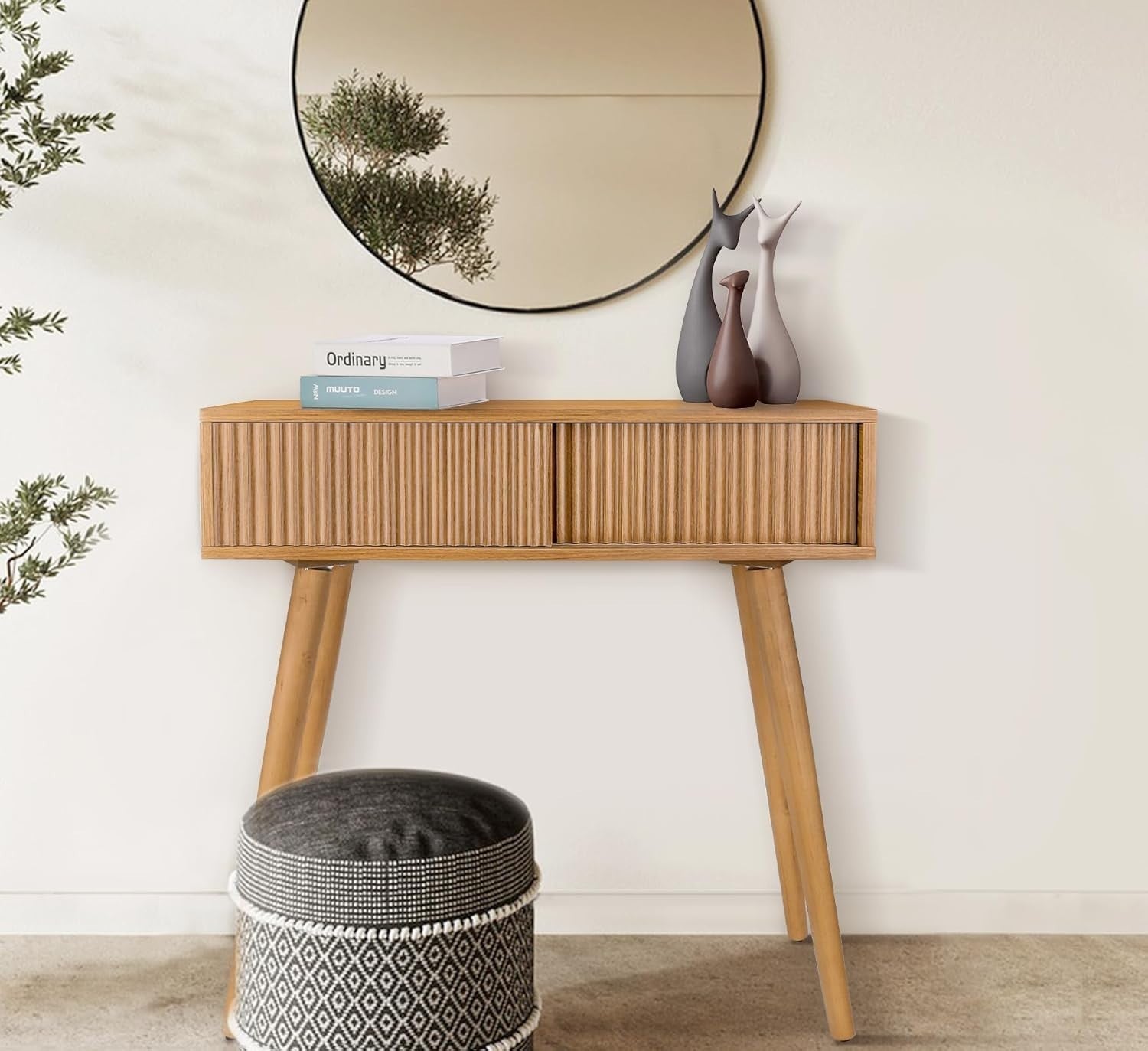 Brown Fluted Console Table with Drawer, Slim Entryway Vanity Desk
