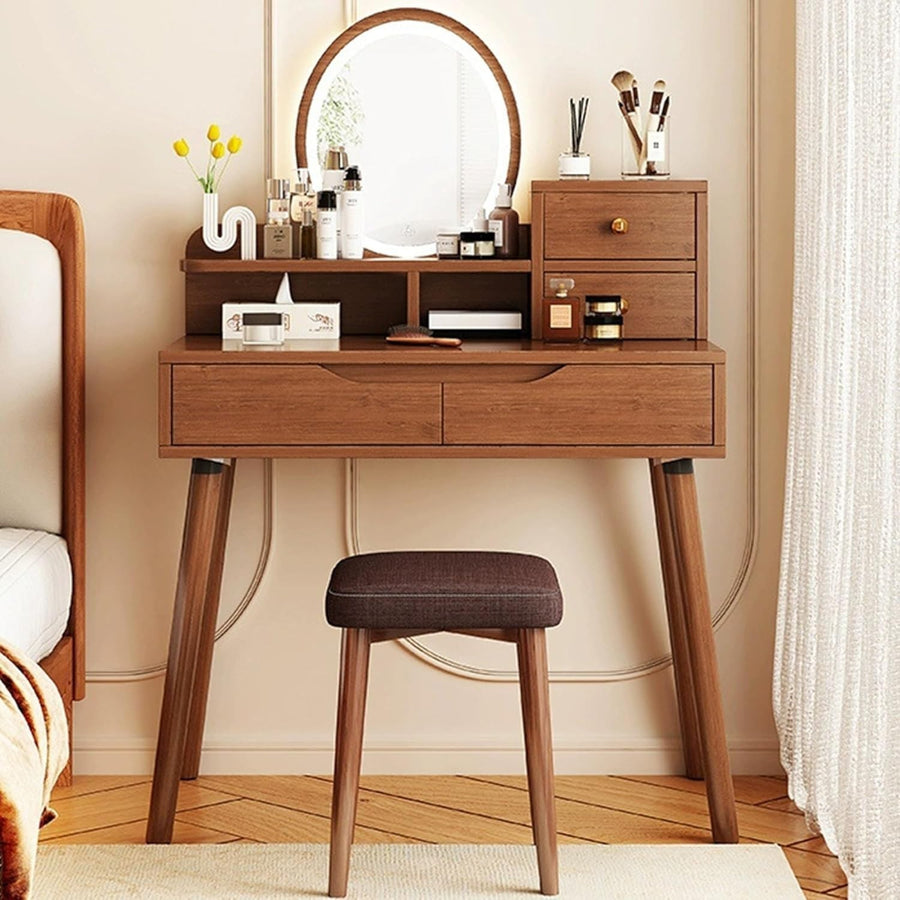 Vanity Makeup Dressing Table Desk w/LED Mirror & Storage Drawers Walnut Wood