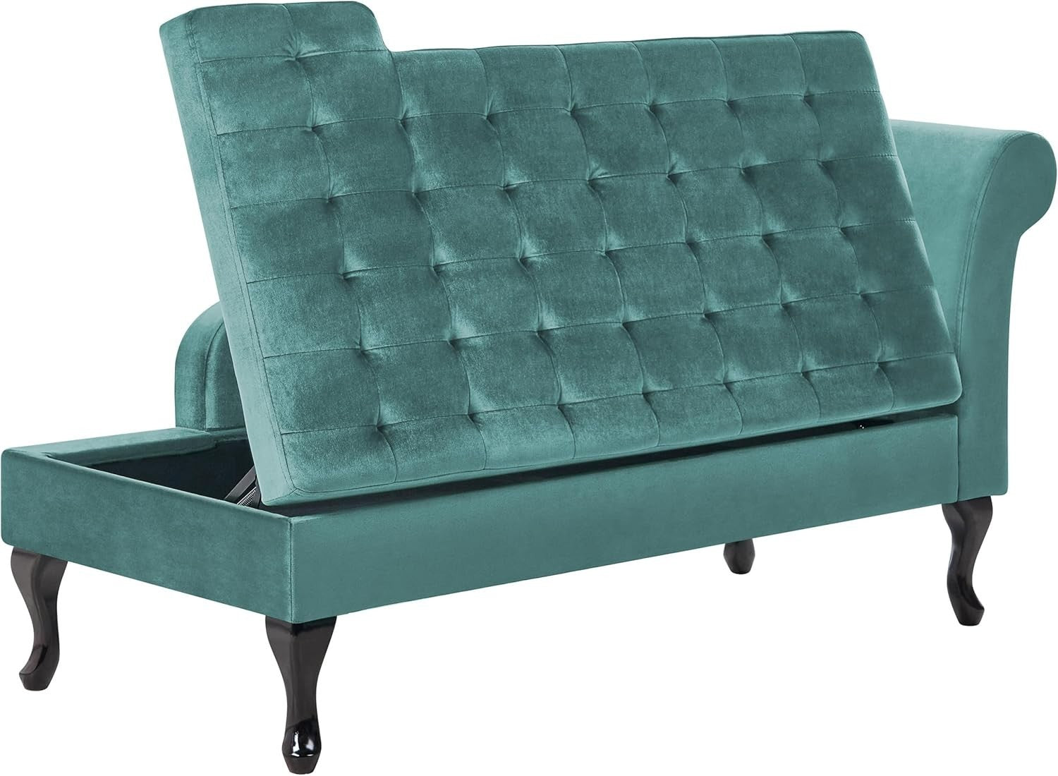 Velvet Right Hand Chaise Lounge with Storage & Cushion, Black Legs, Teal