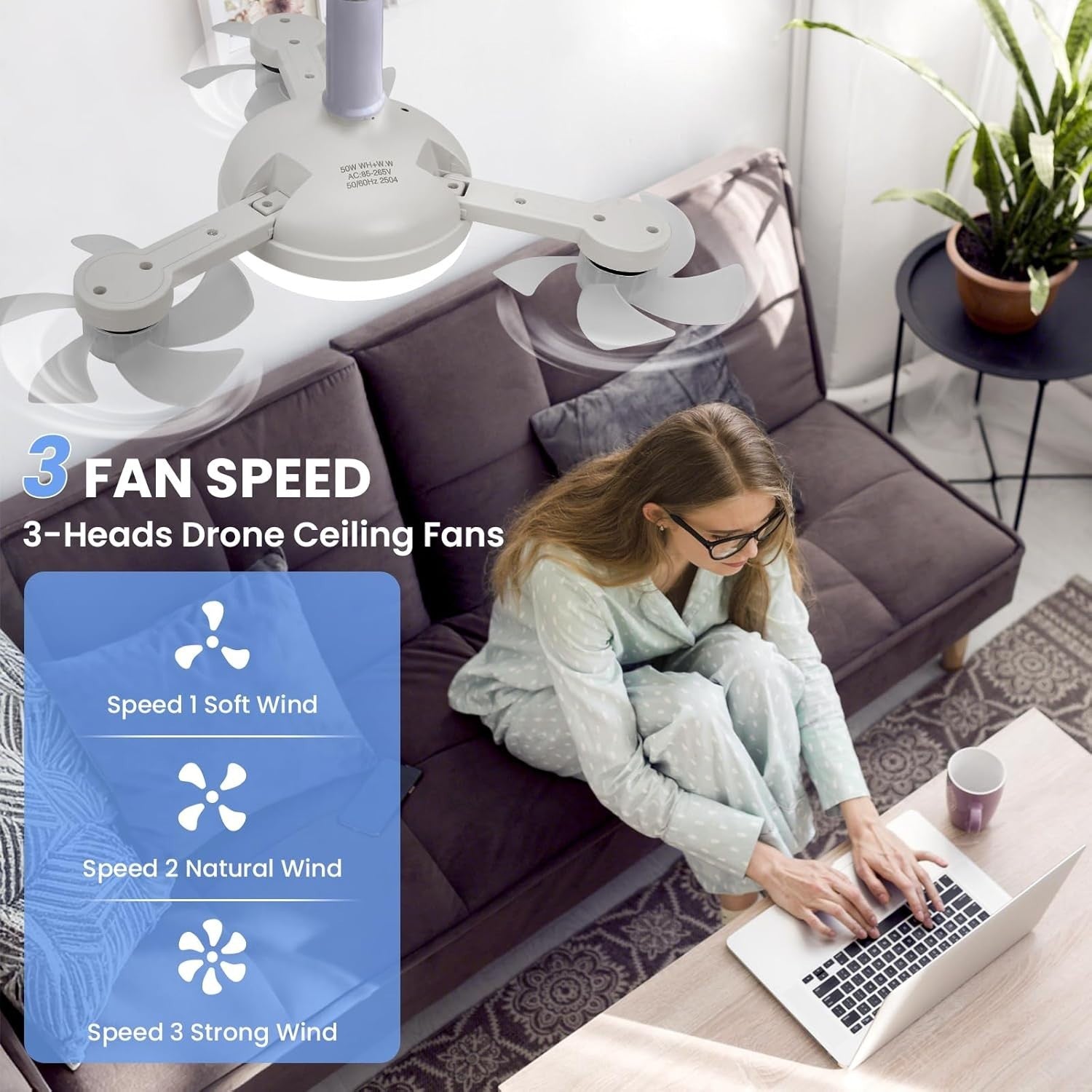 50W Ceiling Fan, 4-Head Drone Design, LED Light, Remote, 3 Speeds, Dimmable
