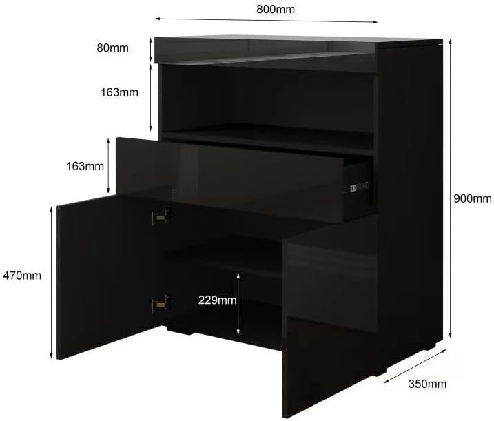 Black LED Sideboard Cabinet Gloss Storage Unit 2 Door 1 Drawer 90cm