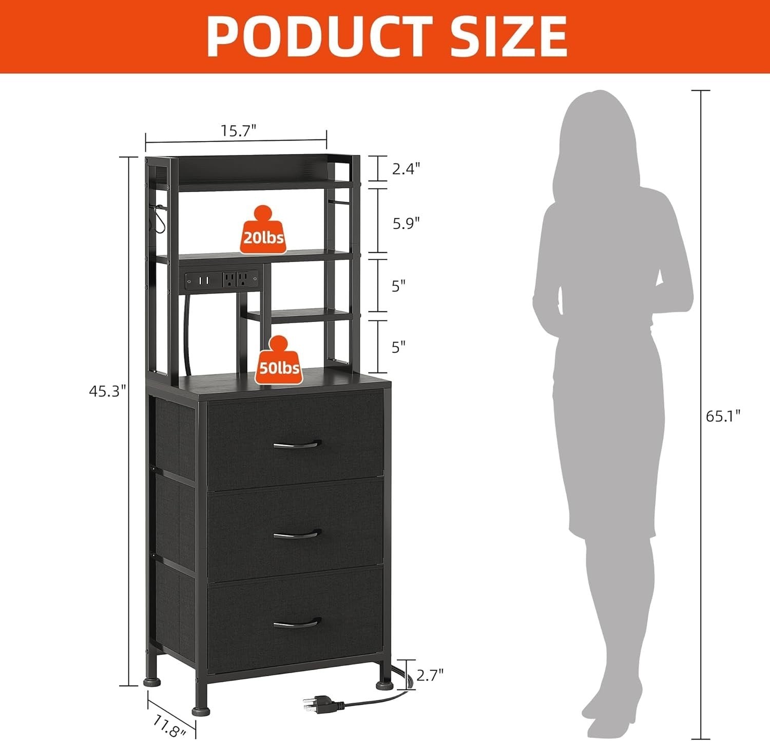 Black Tall Bedside Table with LED Lights & USB Ports | 3 Drawer Nightstand