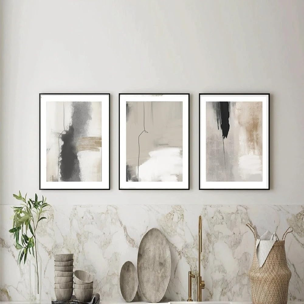 Abstract Canvas Wall Art Set of 3 Beige Black 50x70cm Prints