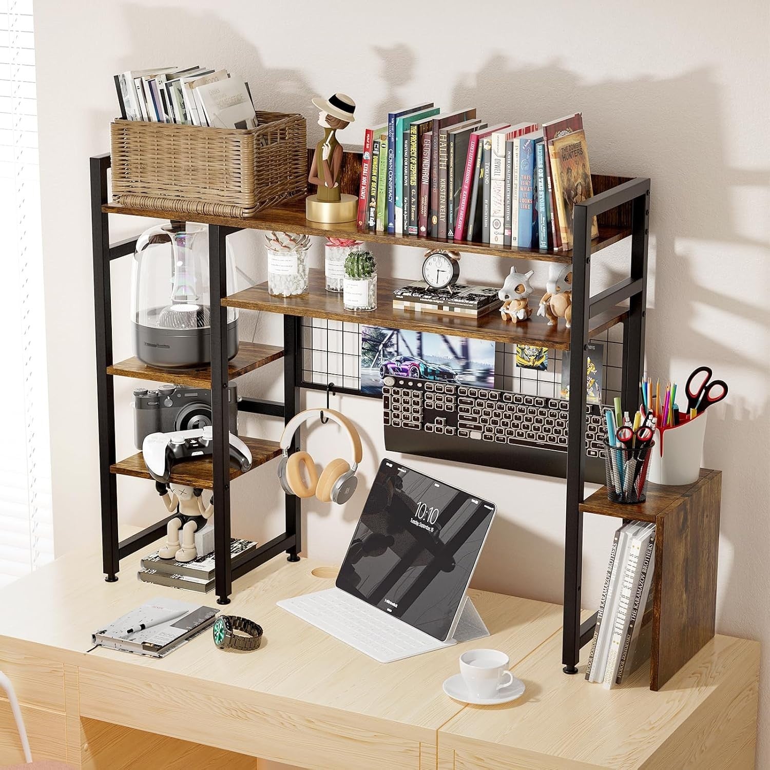 2-Tier Rustic Wood Metal Desktop Bookshelf Hutch Organizer Rack 105cm