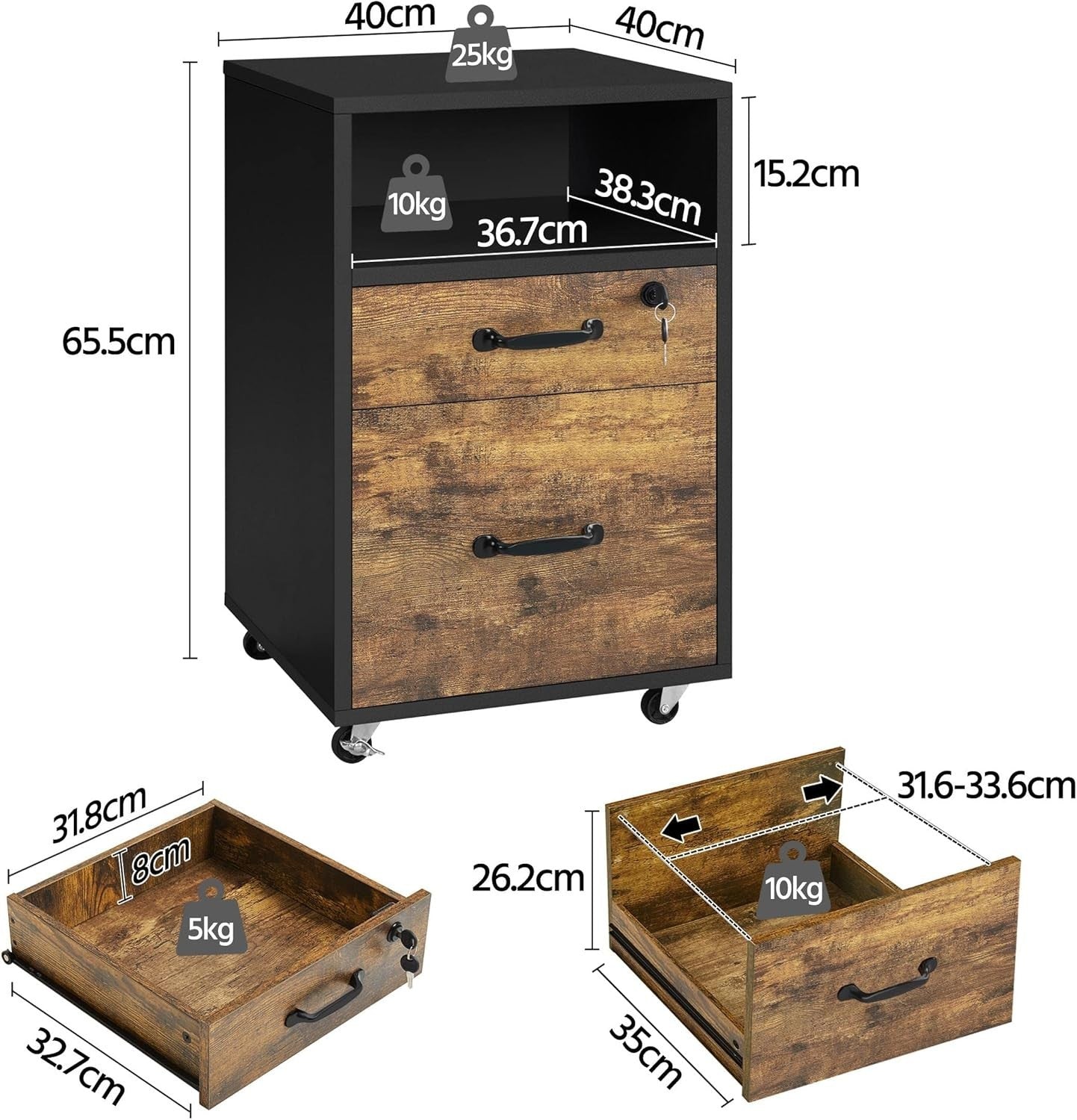 Rustic Brown Rolling File Cabinet 2 Drawer A4 Letter Printer Stand