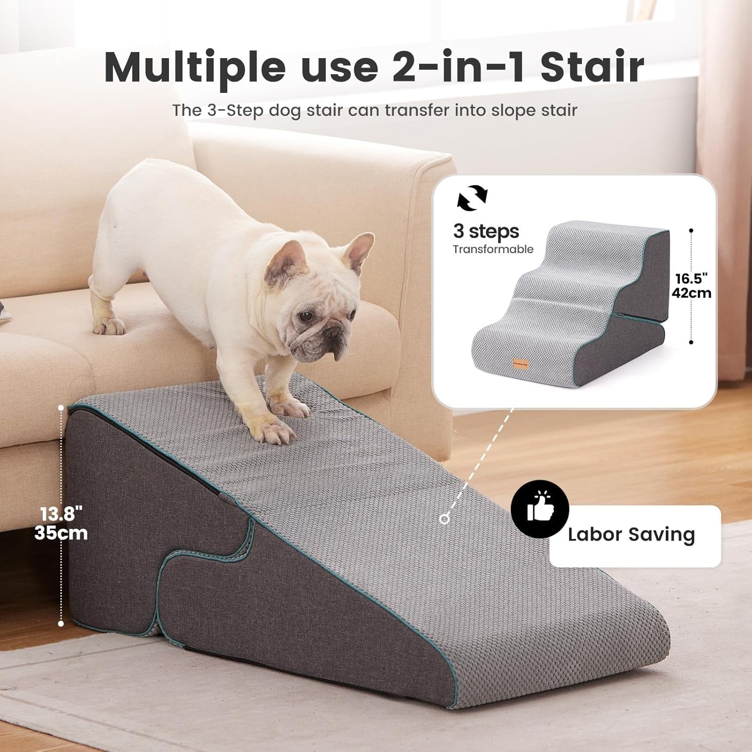 Adjustable 3 Step Dog Stairs Pet Ramp for Bed Sofa Non Slip Grey