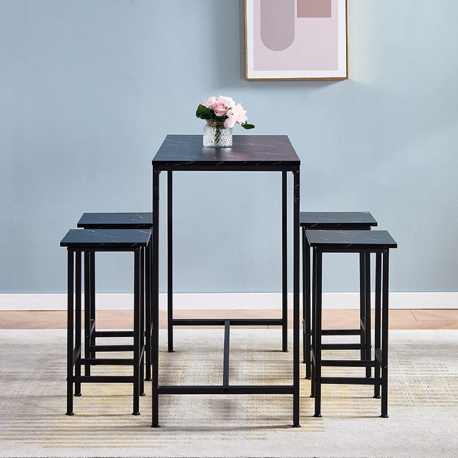Bar Table Set with 4 Stools Compact Breakfast Bar Set Black Marble Space Saving
