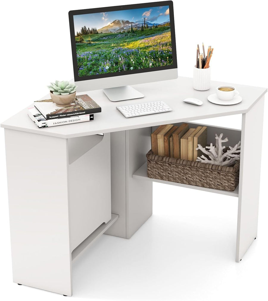 White Corner Computer Desk 120cm with Shelves, Compact 90° Study Table