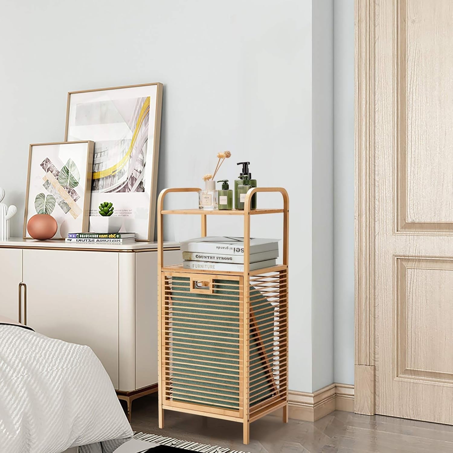 Bamboo Tilt-Out Laundry Hamper with 2 Shelves | Removable Bag | 40×33×95cm