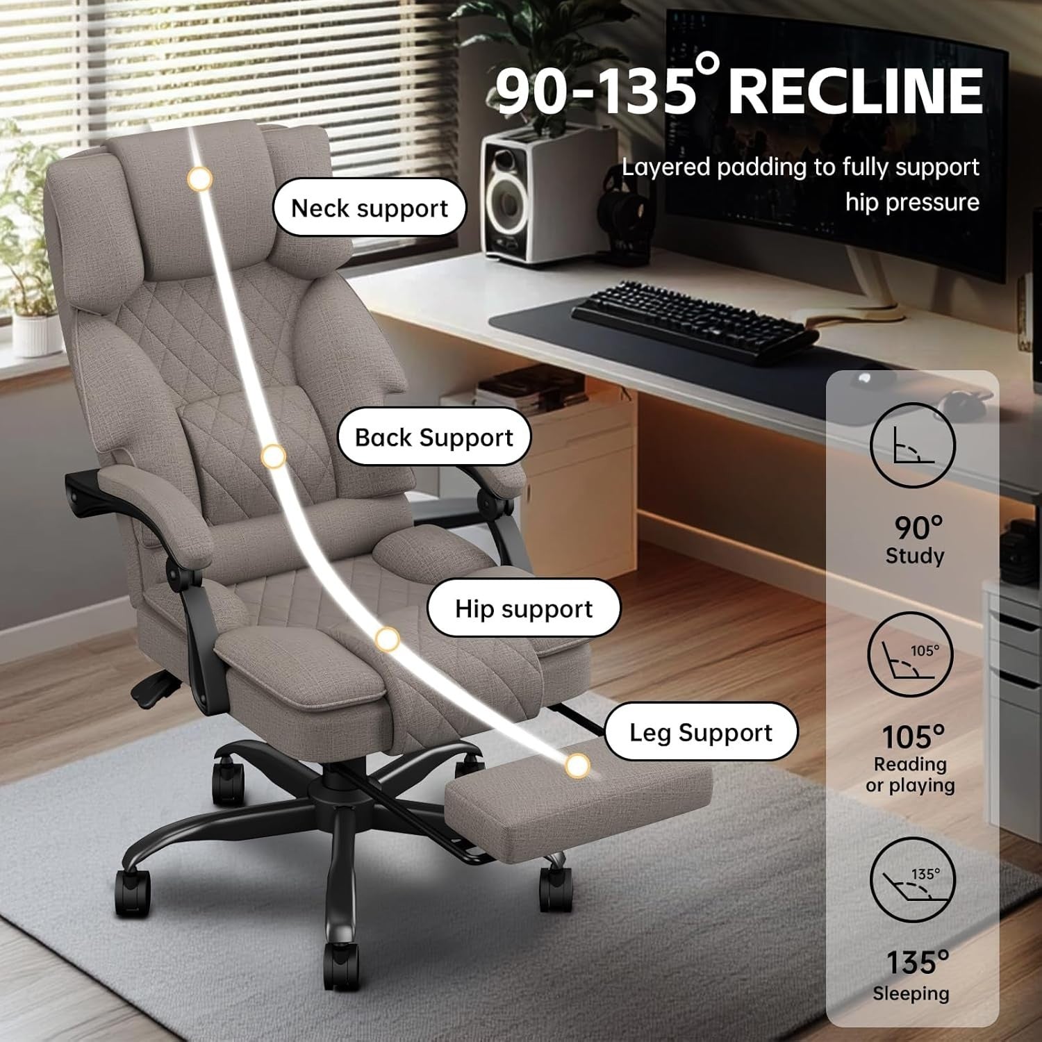 Ergonomic Reclining Office Chair w/Footrest Heavy Duty Memory Foam Light Brown