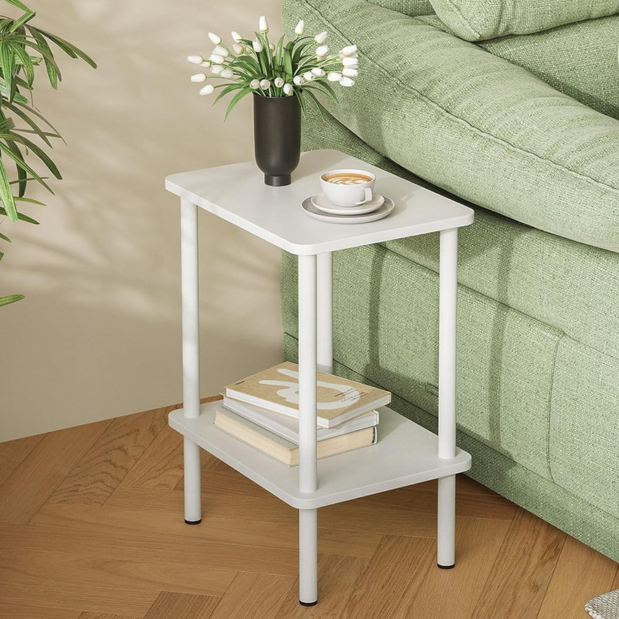 White 2-Tier Narrow Side Table with Shelf – Small Bedside End Table
