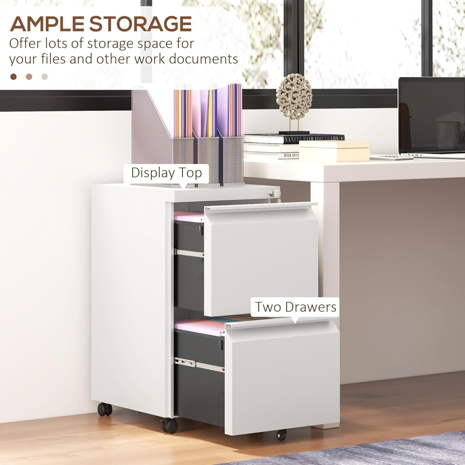 Steel 2 Drawer Lockable Filing Cabinet on Wheels for A4 Letter Legal Size