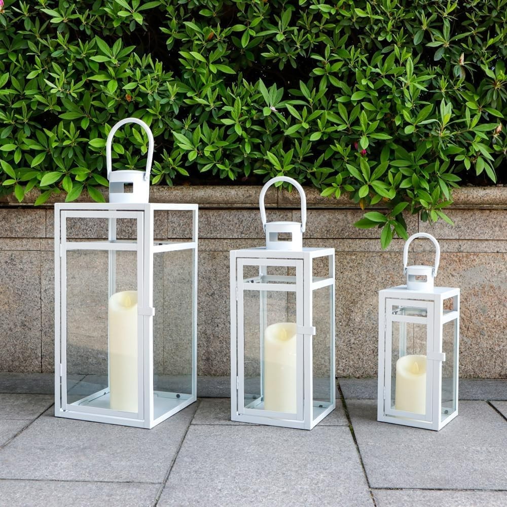 Set of 3 White Metal Candle Lanterns | Indoor Outdoor Home & Garden Décor