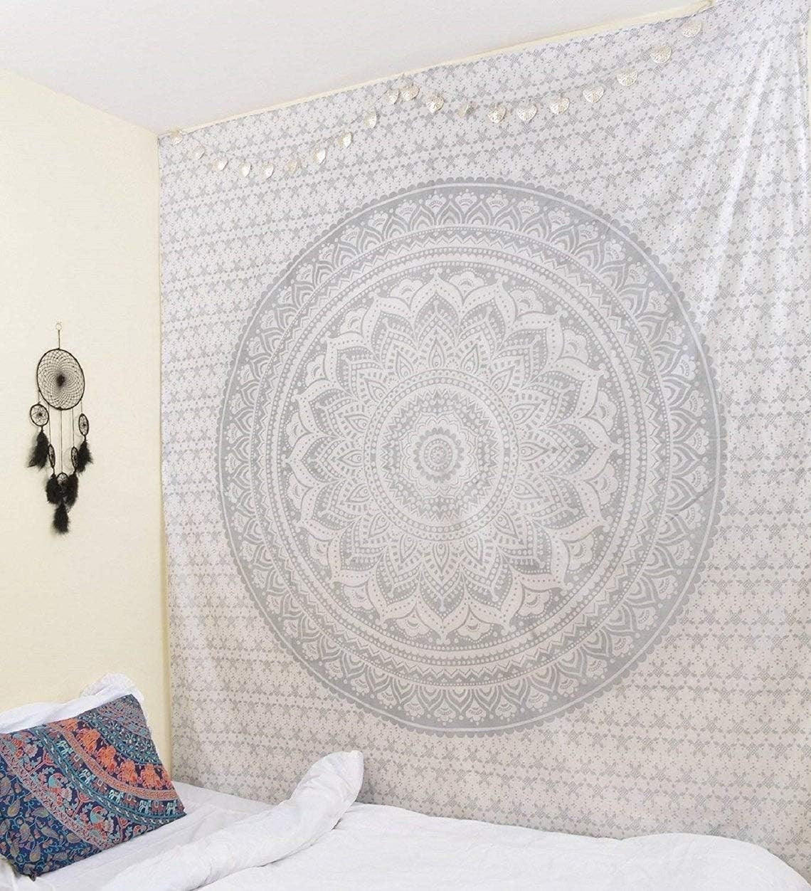 Glittering Silver Grey Mandala Tapestry Boho Wall Hanging Cotton 85x90in