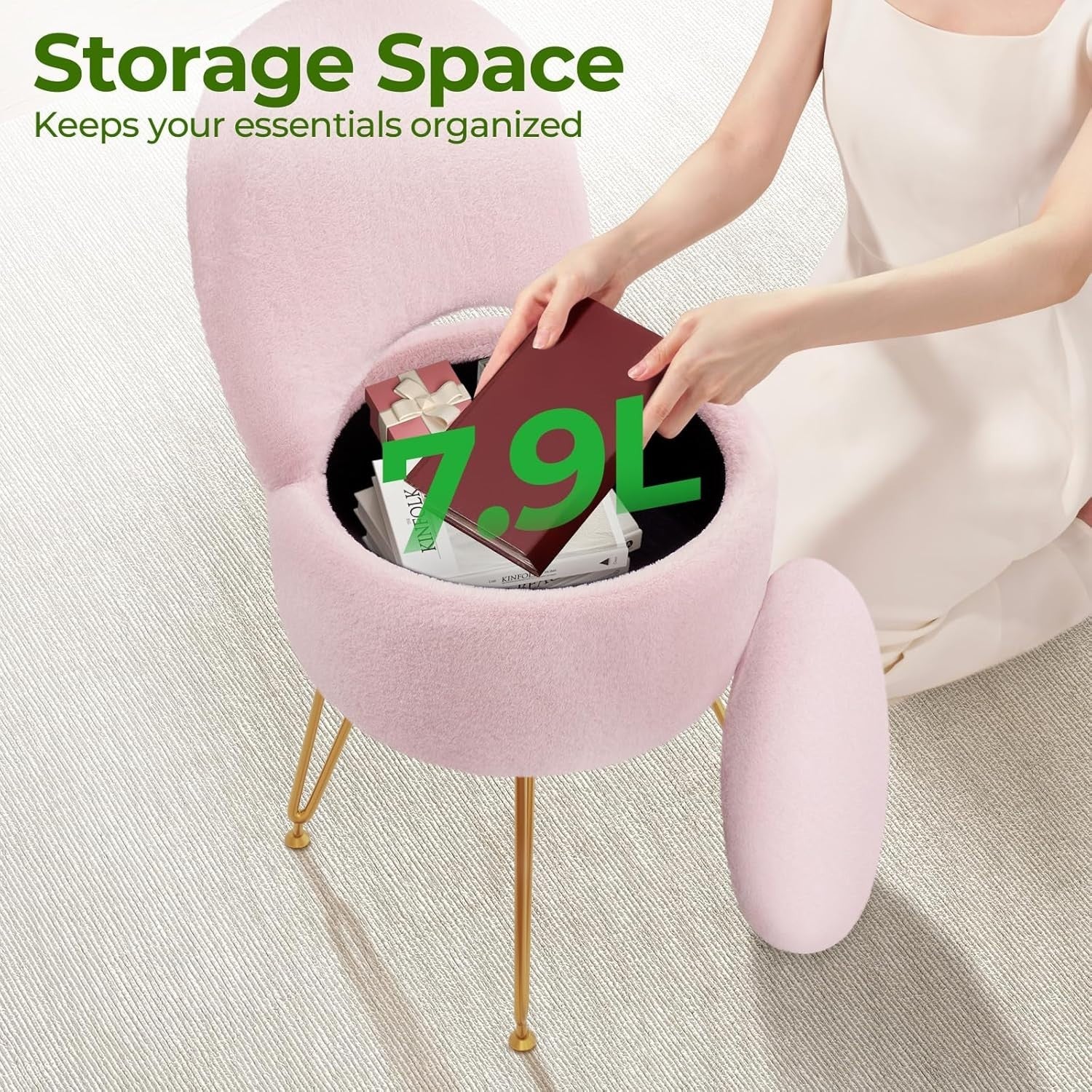 Pink Velvet Vanity Chair with Storage Foldable Backrest Footstool Small