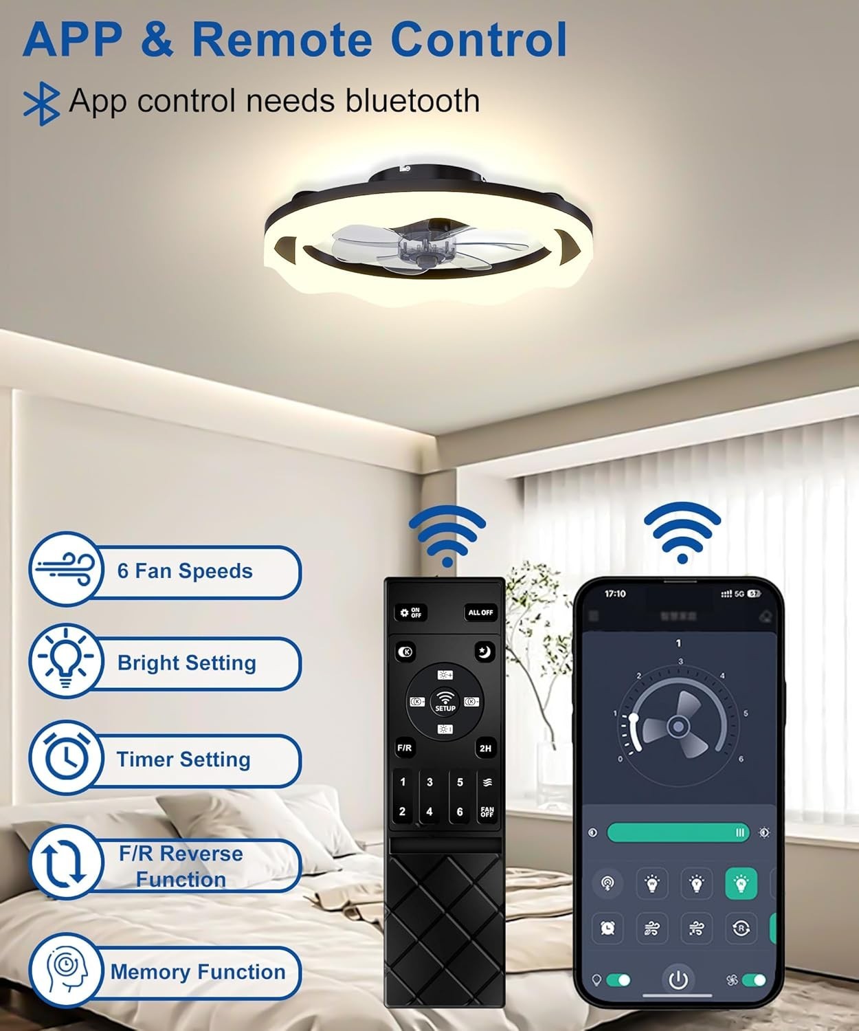 20" Ceiling Fan Light, 6 Speeds, Dimmable, Reversible, App & Remote, Black
