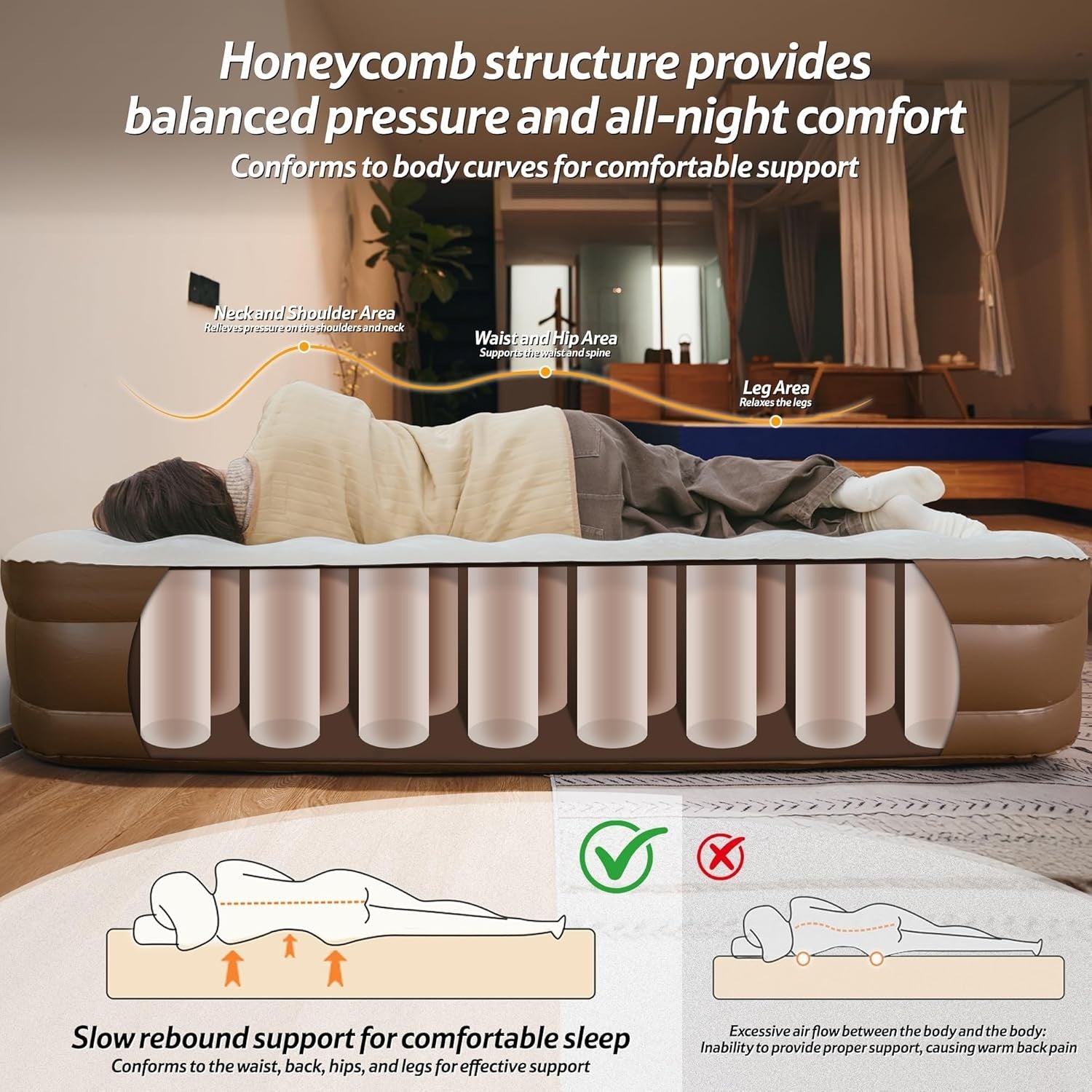 3-Person Inflatable Mattress Air Bed Built-in Pump, 200x180x45cm, Camping & Home