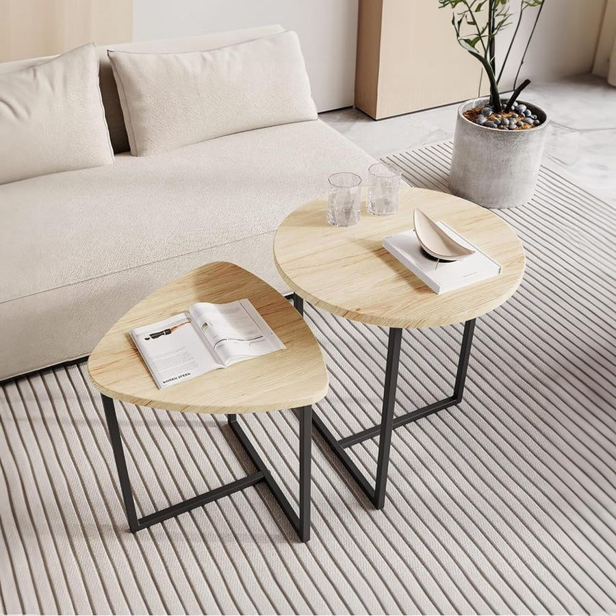 Nesting Coffee Table Set 2 Round Square Side End Tables Oak Wood Metal Frame