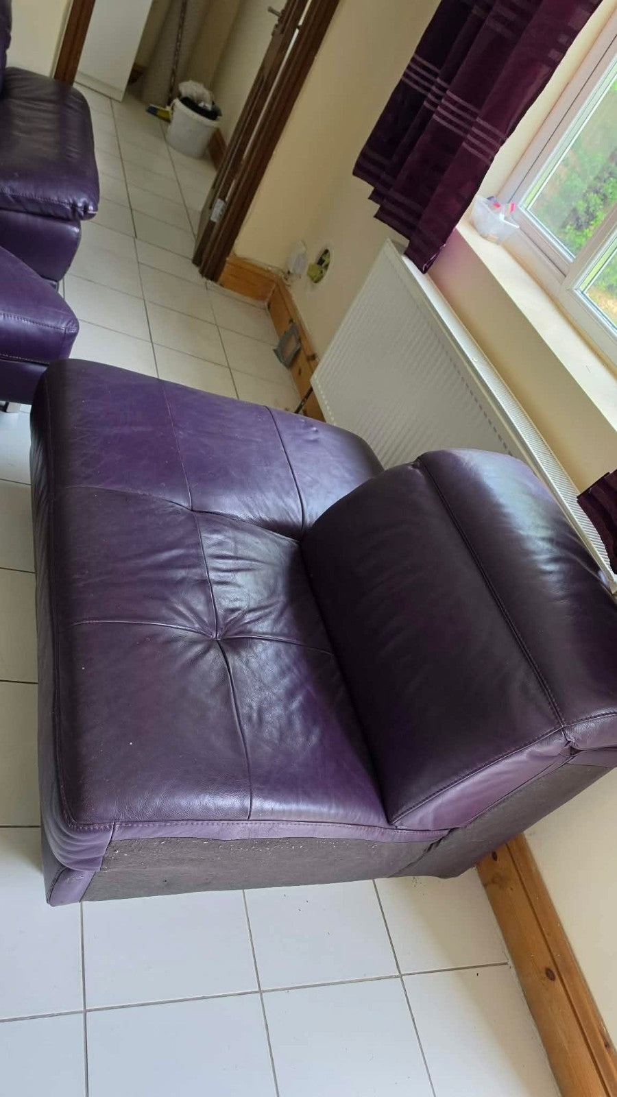 Large Purple Leather Corner Sofa + Footstool (PTP)
