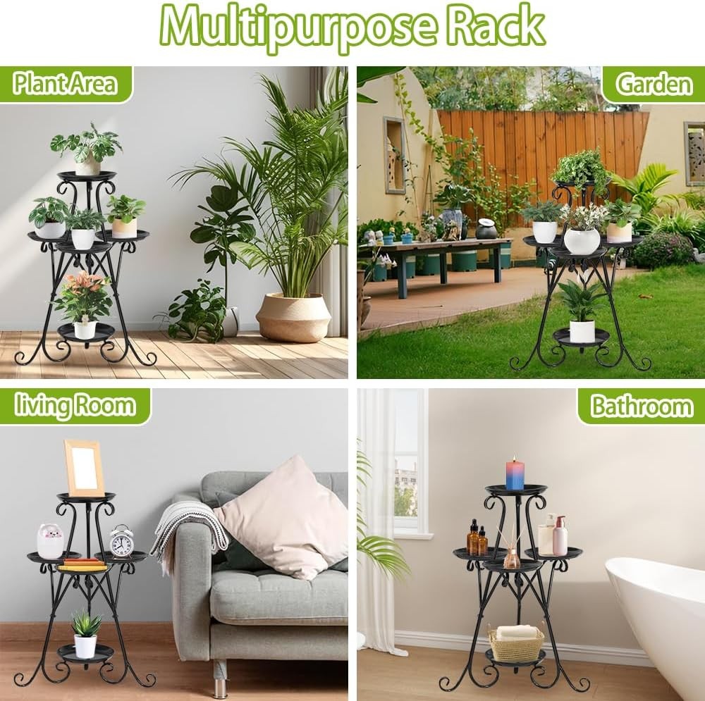 3 Tier Black Metal Plant Stand Indoor Outdoor Flower Pot Shelf with Tools Set