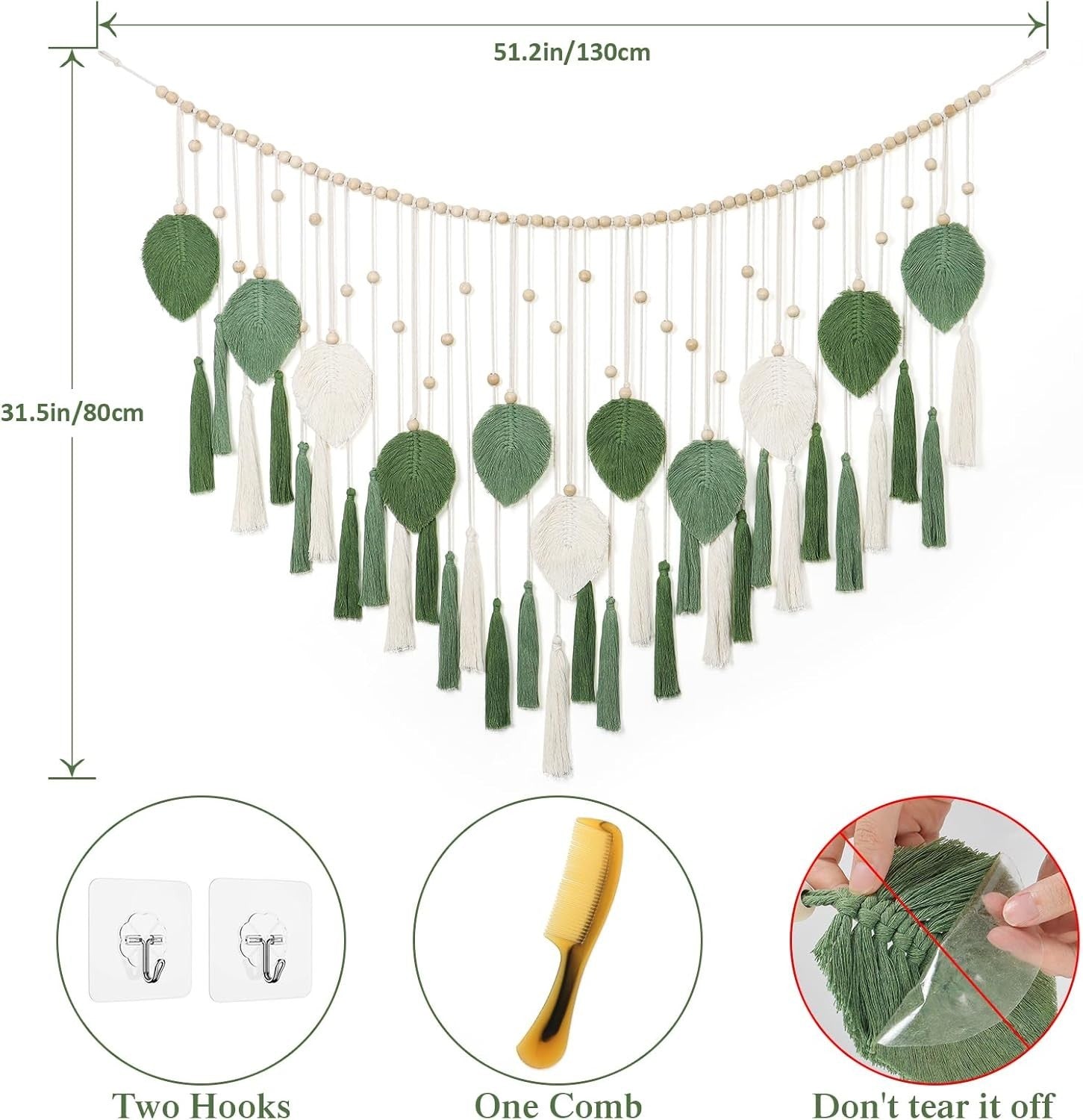 Large Macrame Wall Hanging Beige Green Leaf Tassel Boho Decor