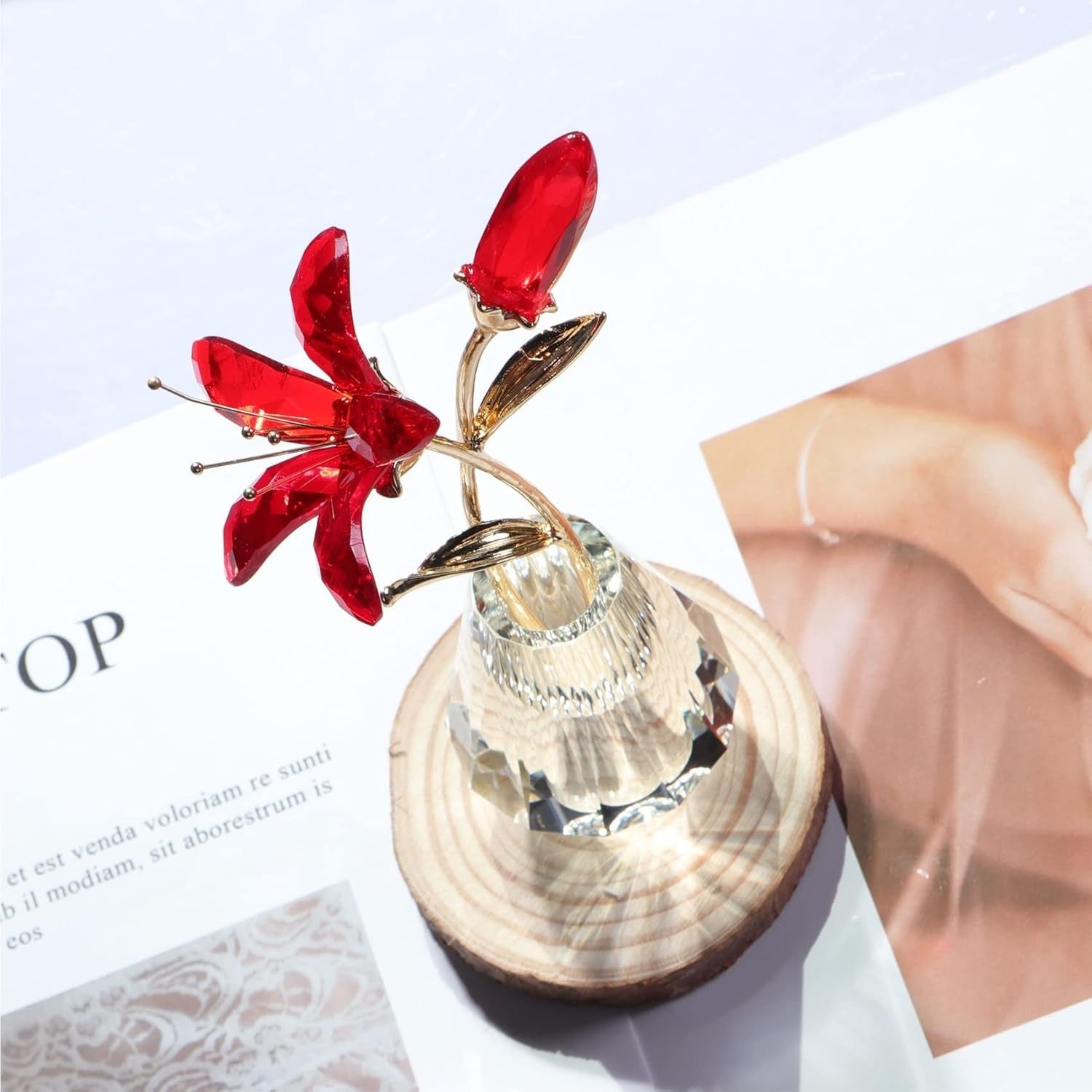 Red Crystal Lily Flower Ornament • Luxury Glass Vase Figurine • Elegant Floral
