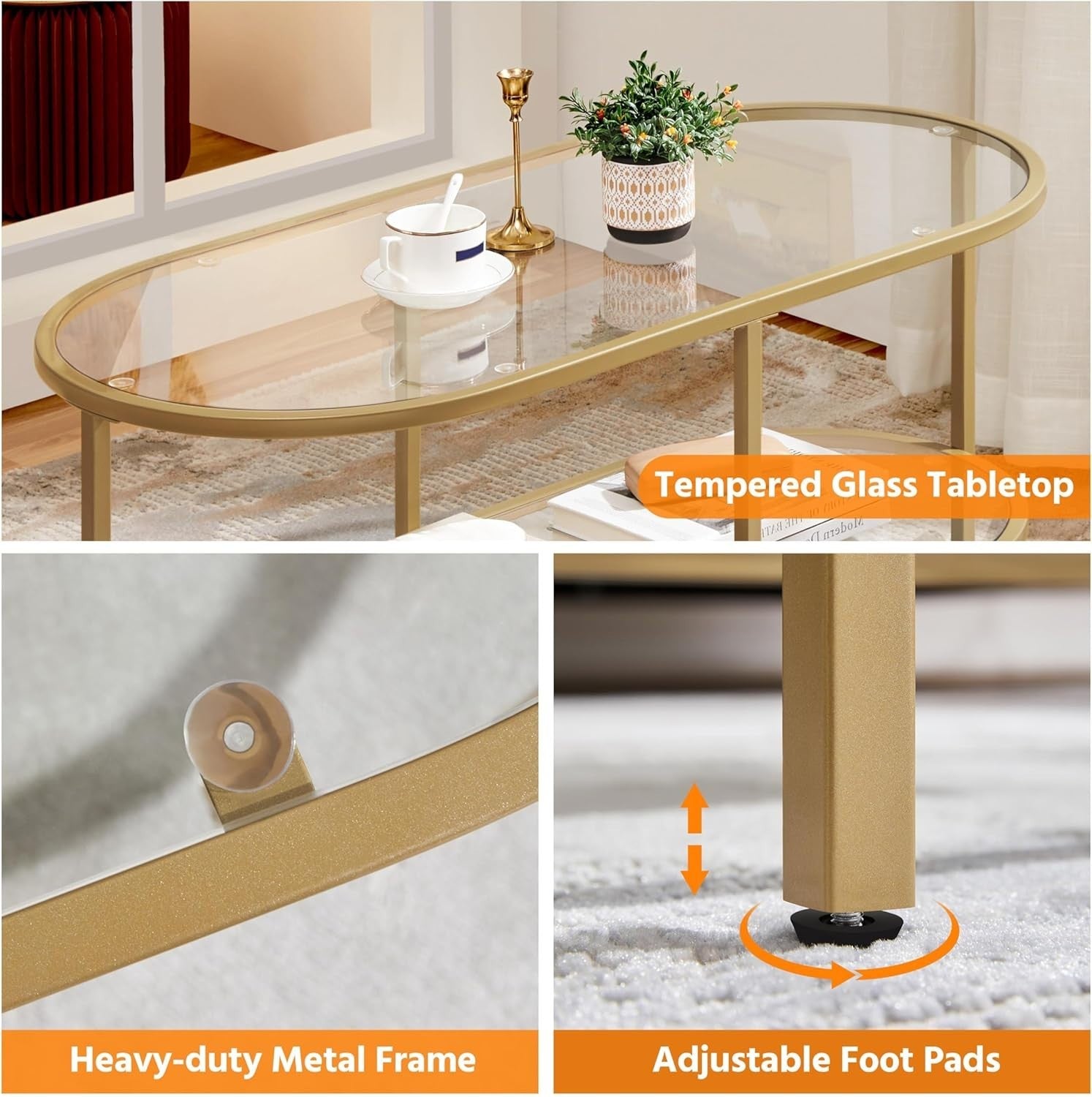 Modern Oval Glass Coffee Table 2-Tier Storage Metal Frame 106x50x44cm
