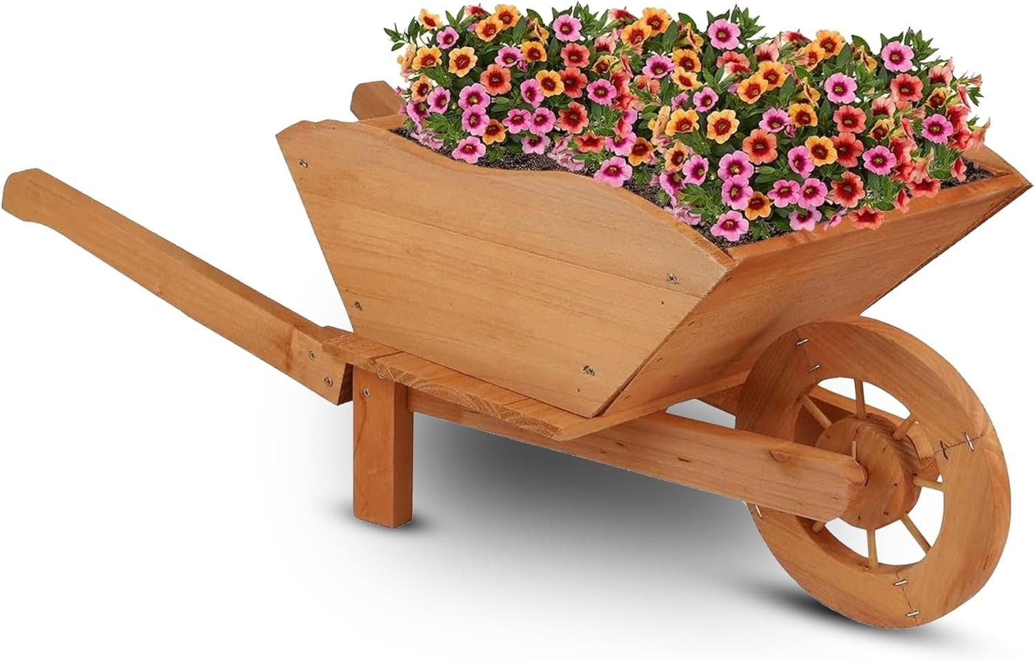 Large Wooden Garden Wheelbarrow Planter – Rustic Brown Design w/ Handles & Wheel