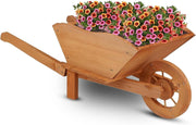 Large Wooden Garden Wheelbarrow Planter – Rustic Brown Design w/ Handles & Wheel
