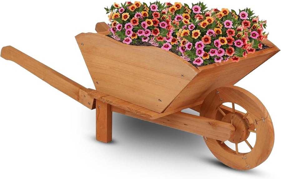 Large Wooden Garden Wheelbarrow Planter – Rustic Brown Design w/ Handles & Wheel