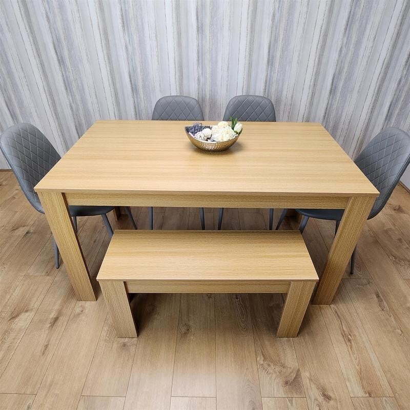 6 Seater Oak Dining Table Set with Bench & 4 Grey Chairs for Kitchen