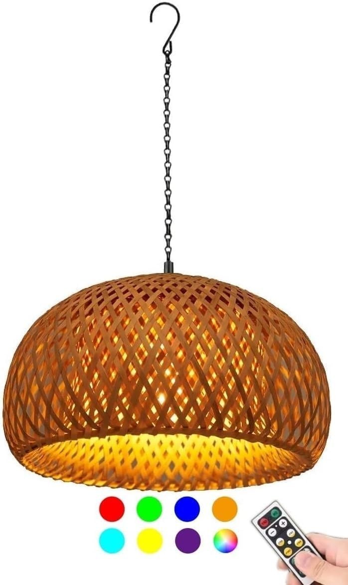 Rattan Bamboo Pendant Light, Remote Controlled, Battery Powered 15"