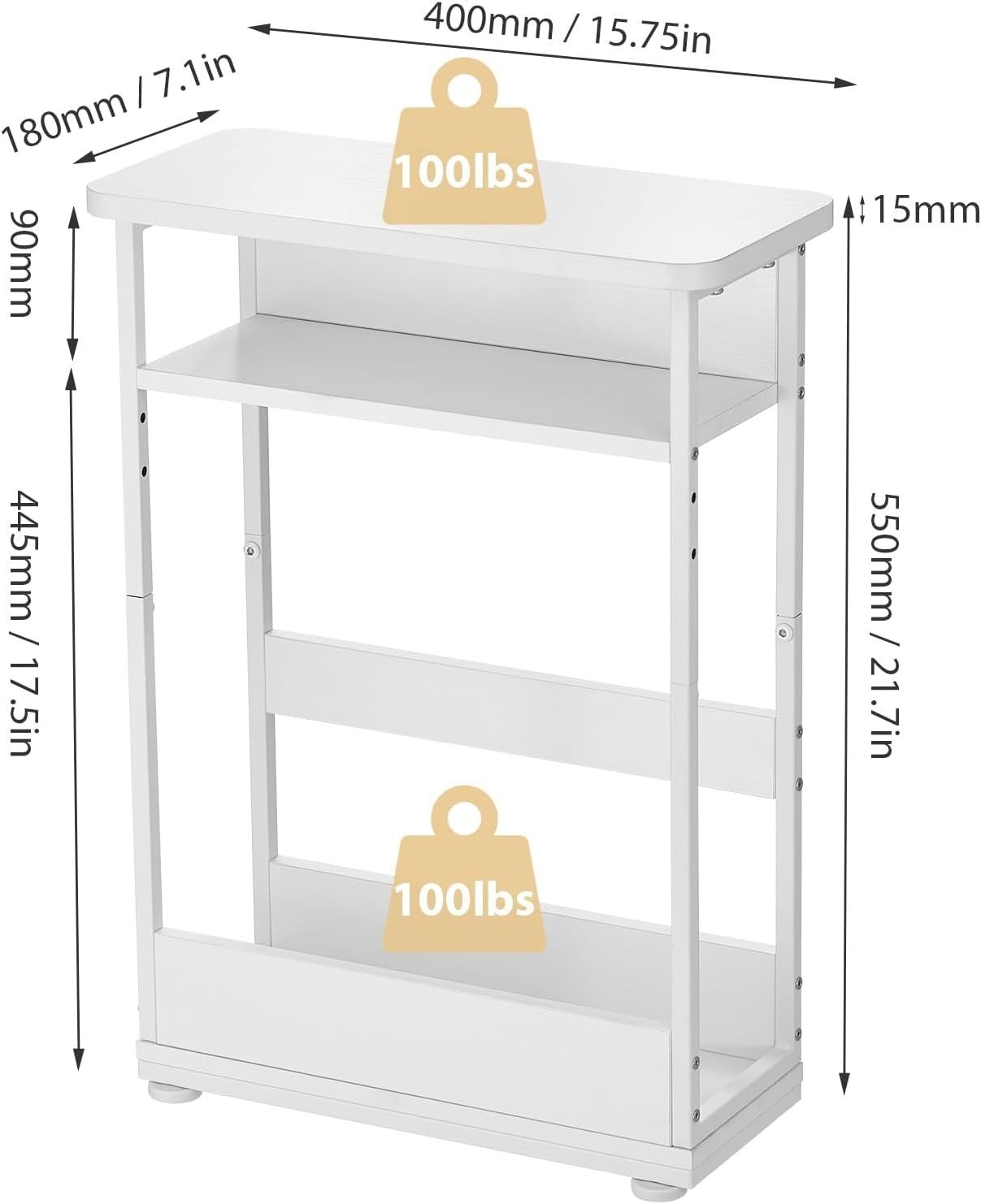 White Narrow Side Table for Small Spaces – Slim Bedside Unit with Shelf