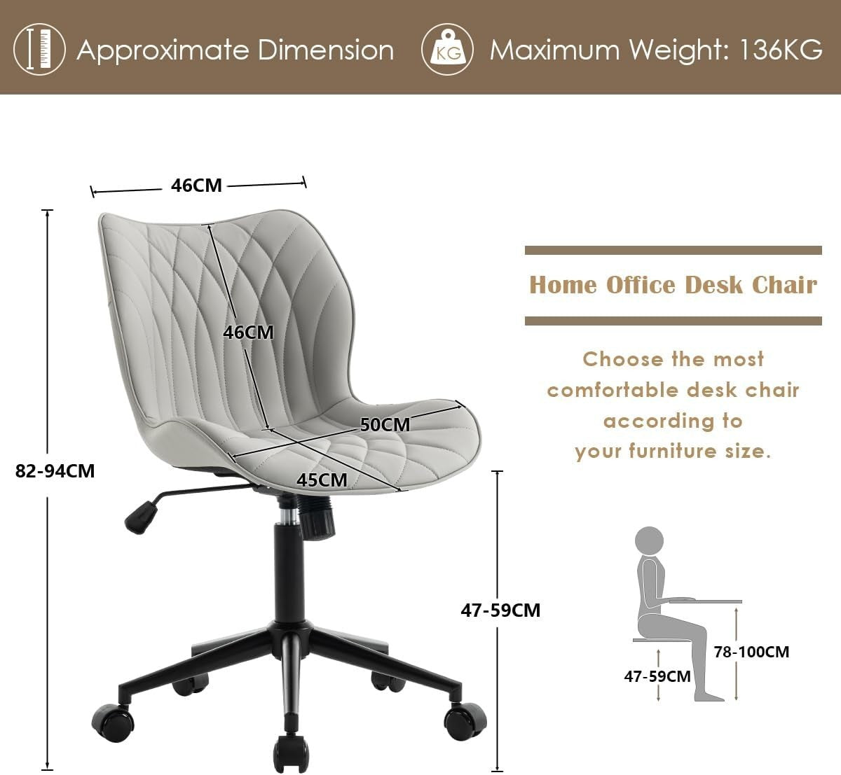 Armless Swivel Office Desk Chair Cushioned Rolling Home Study Grey Faux Leather