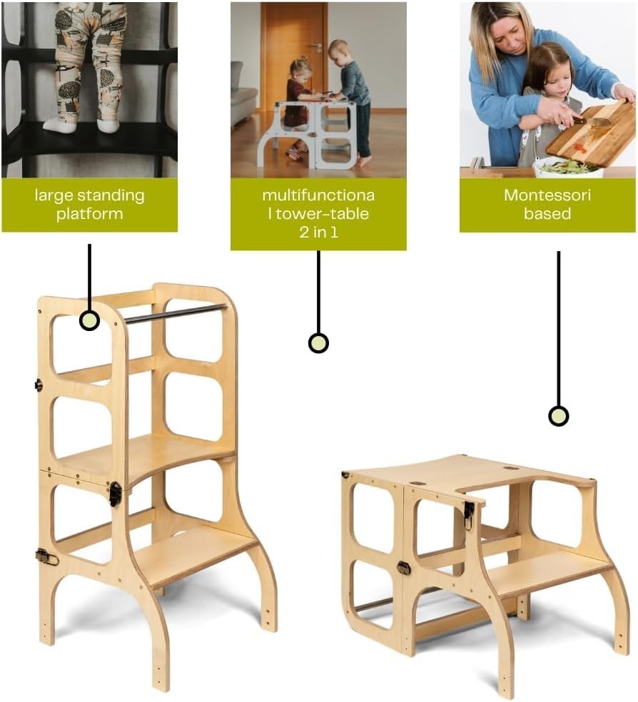 Montessori Kitchen Helper Tower 2-in-1 Table Stool Grey 90cm Birch Wood