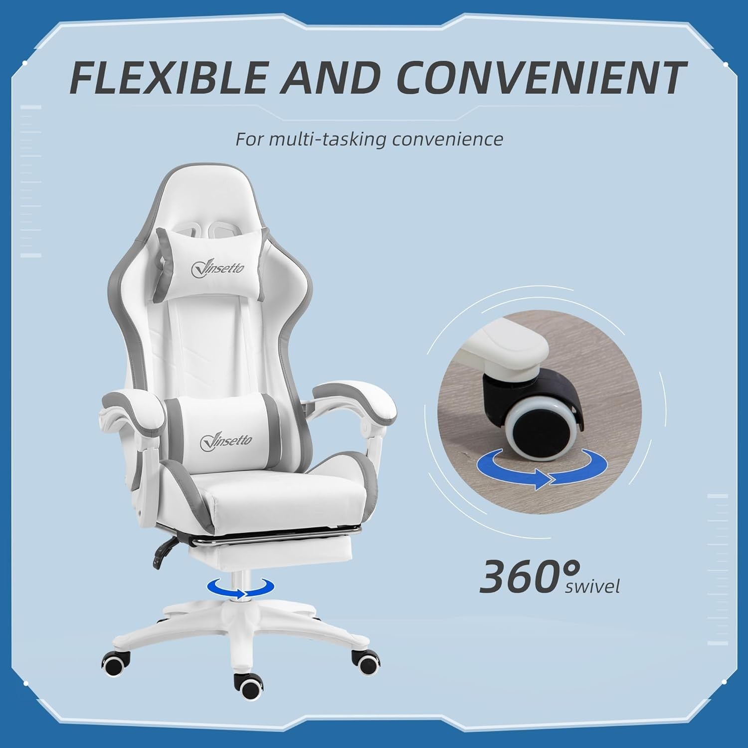 Gaming Chair PU Leather Recliner w/ Footrest 135° Swivel White