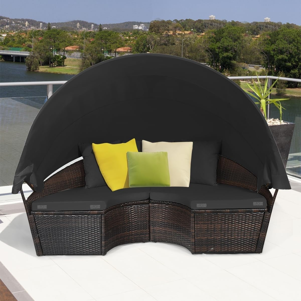 5PC Rattan Garden Daybed Set 190×177×146cm | Canopy & Coffee Table