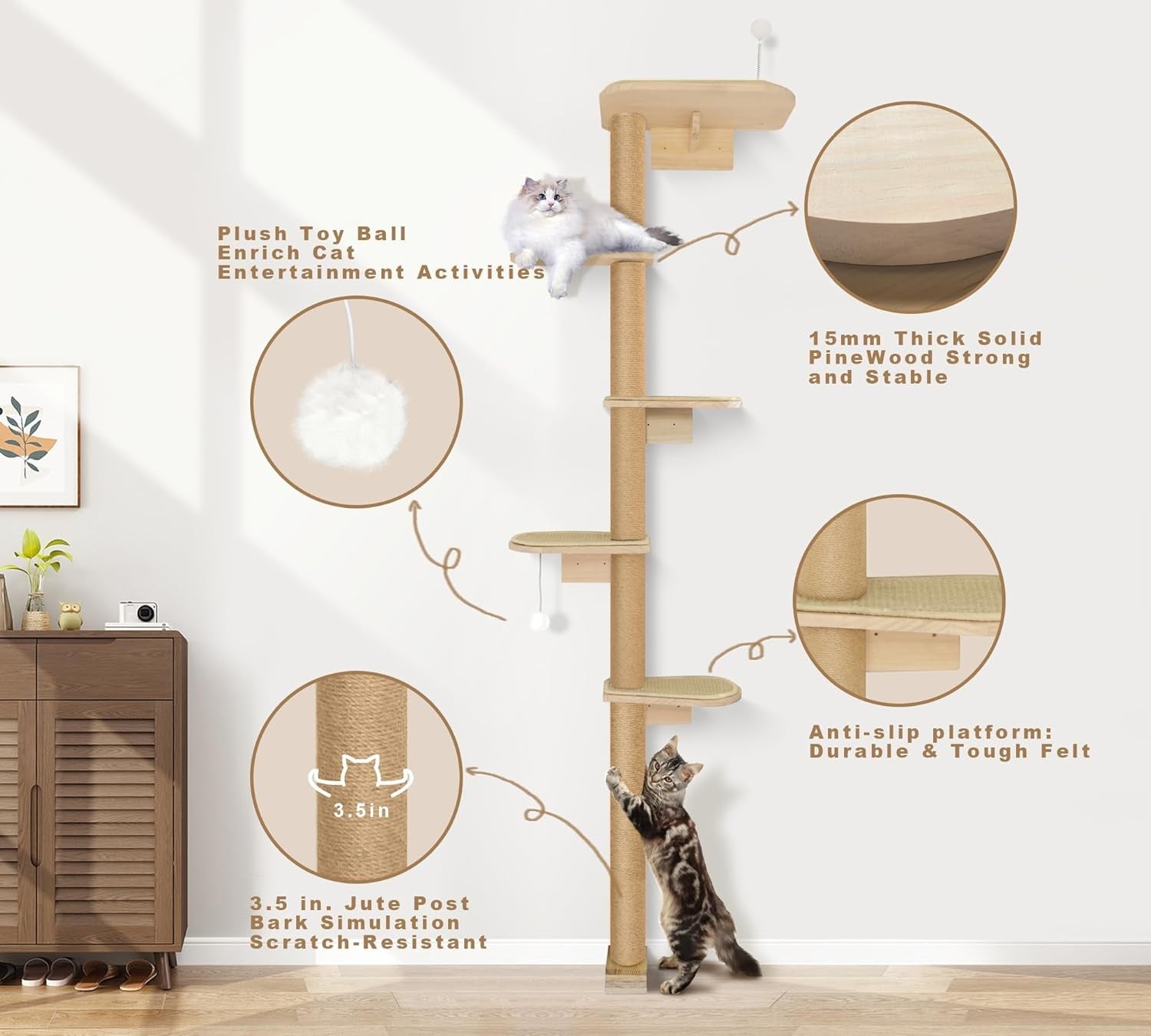 Floor to Ceiling Cat Tree 210cm 5 Tier Climbing Scratching Post Wall Mounted