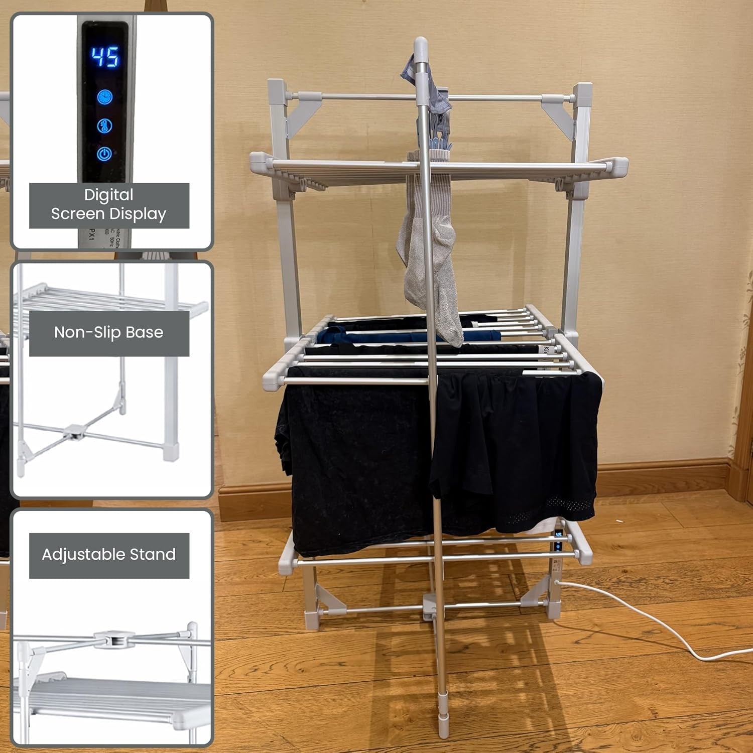 3 Tier Heated Clothes Airer Electric Dryer With Cover Touch Screen Timer