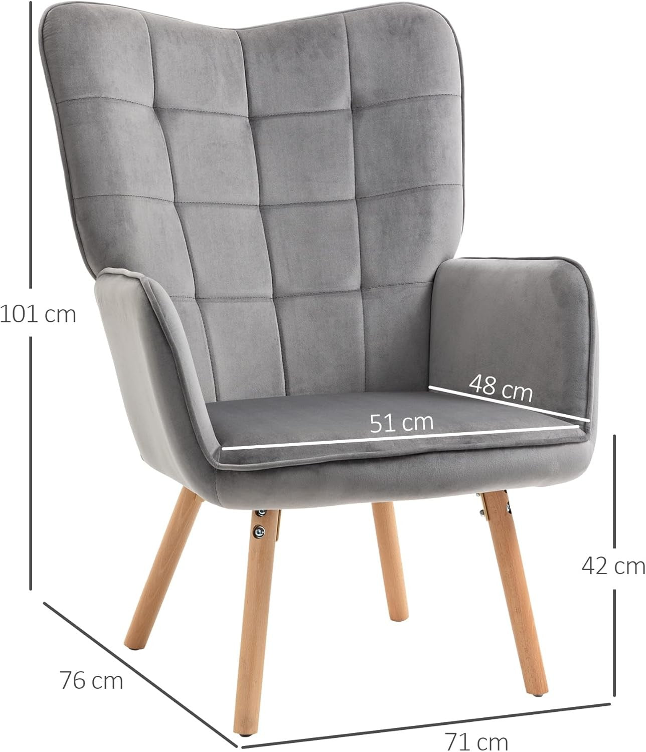 Grey Velvet Wingback Accent Chair Tufted Lounge Armchair Wood Legs
