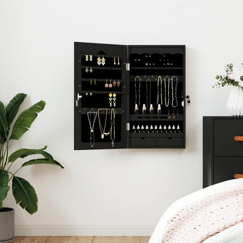 Black Wall Mounted Jewelry Armoire Mirror Lockable Slim Storage Cabinet
