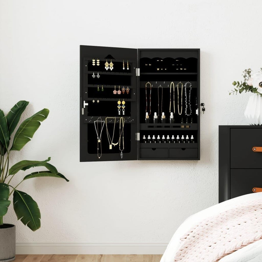 Black Wall Mounted Jewelry Armoire Mirror Lockable Slim Storage Cabinet
