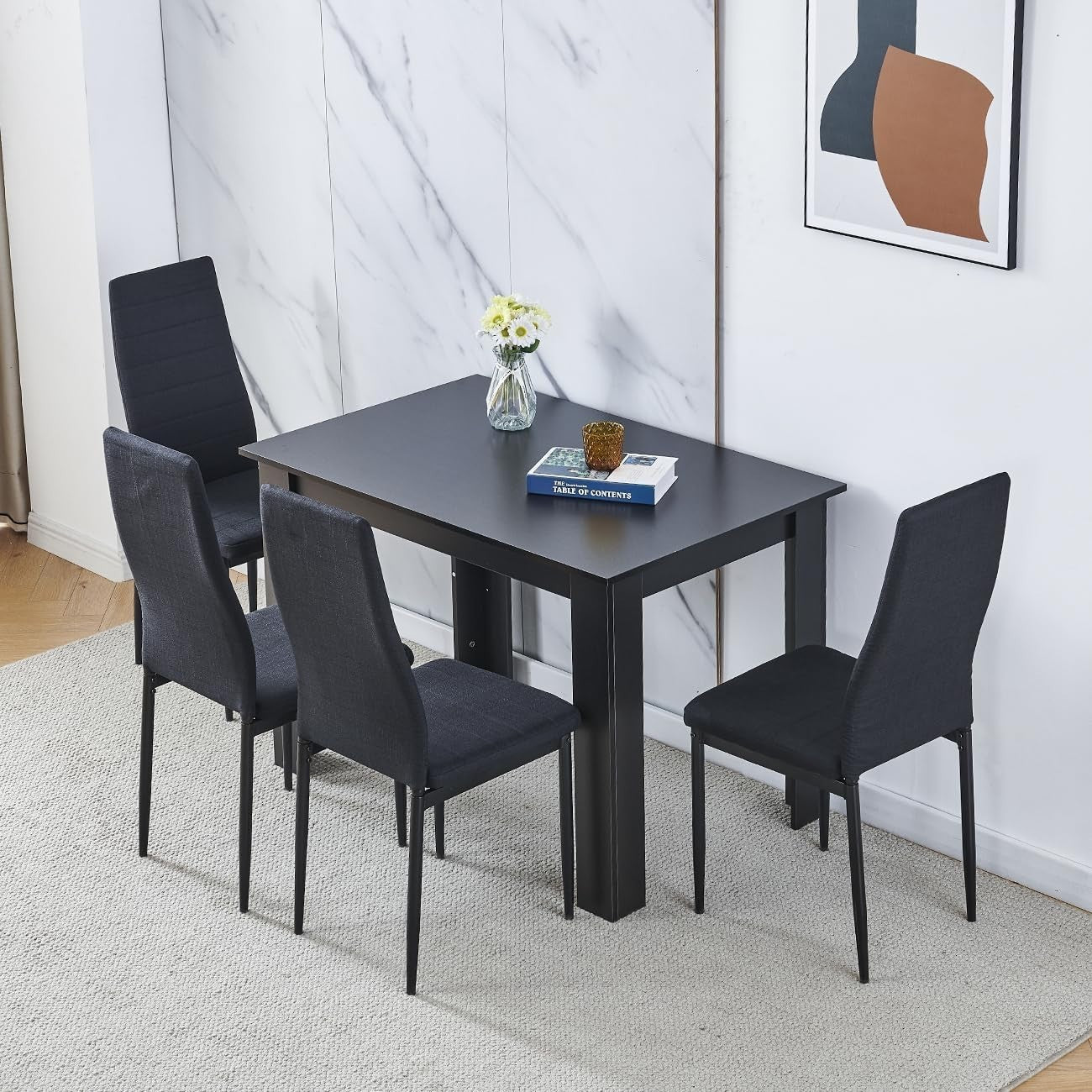 Modern Black Linen Dining Set 5-Piece | Compact Kitchen Table & Chairs