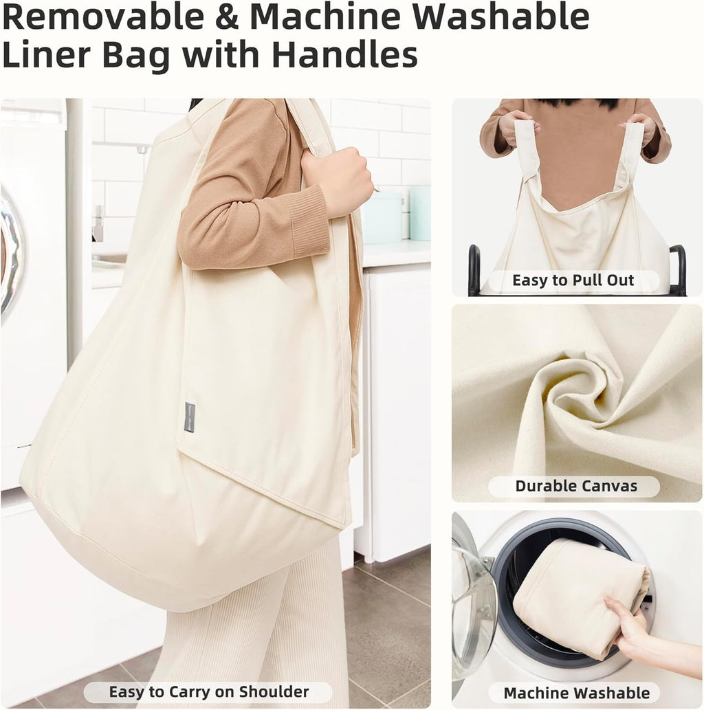 100L 2-Section Rolling Laundry Hamper | Removable Bags | Beige Laundry Cart Whee