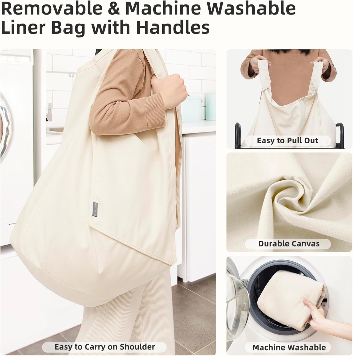 100L 2-Section Rolling Laundry Hamper | Removable Bags | Beige Laundry Cart Whee