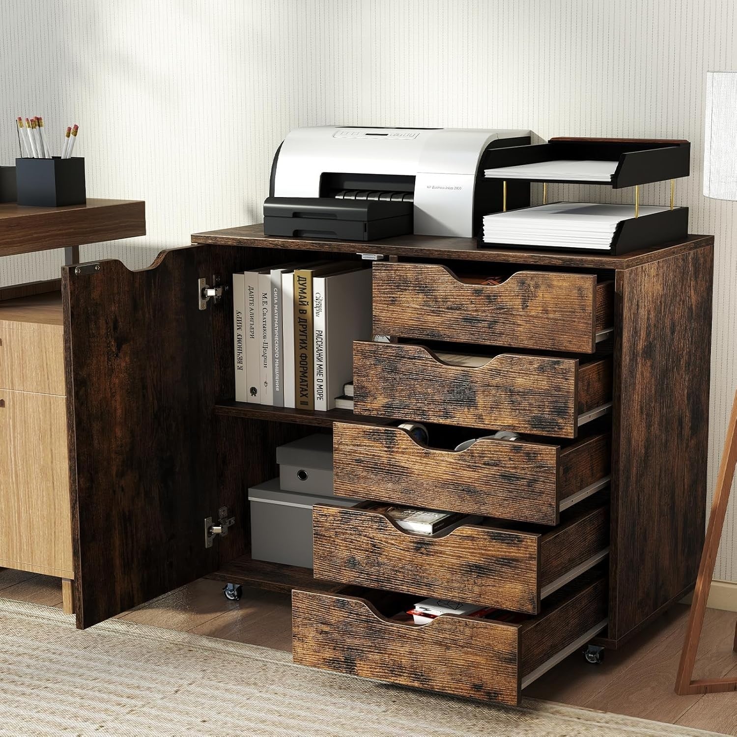 Mobile 5 Drawer File Cabinet with Side Cupboard Rolling Office Storage