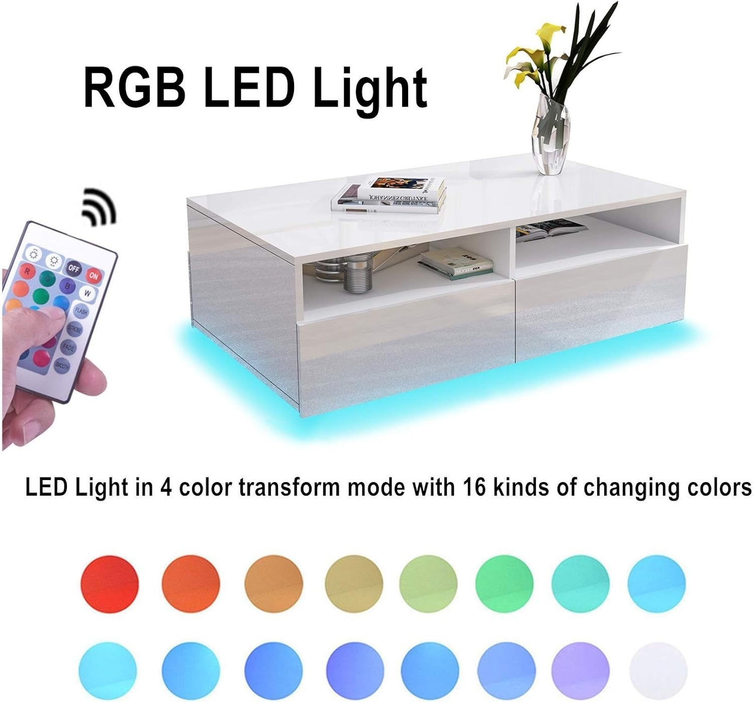 Modern White Gloss Coffee Table with 4 Drawers & LED Light 85x55x35cm
