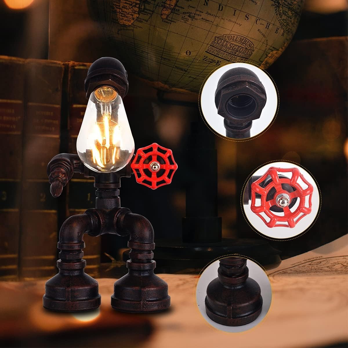 Rustic Industrial Steampunk Table Lamp Water Pipe Edison Bulb Desk Light